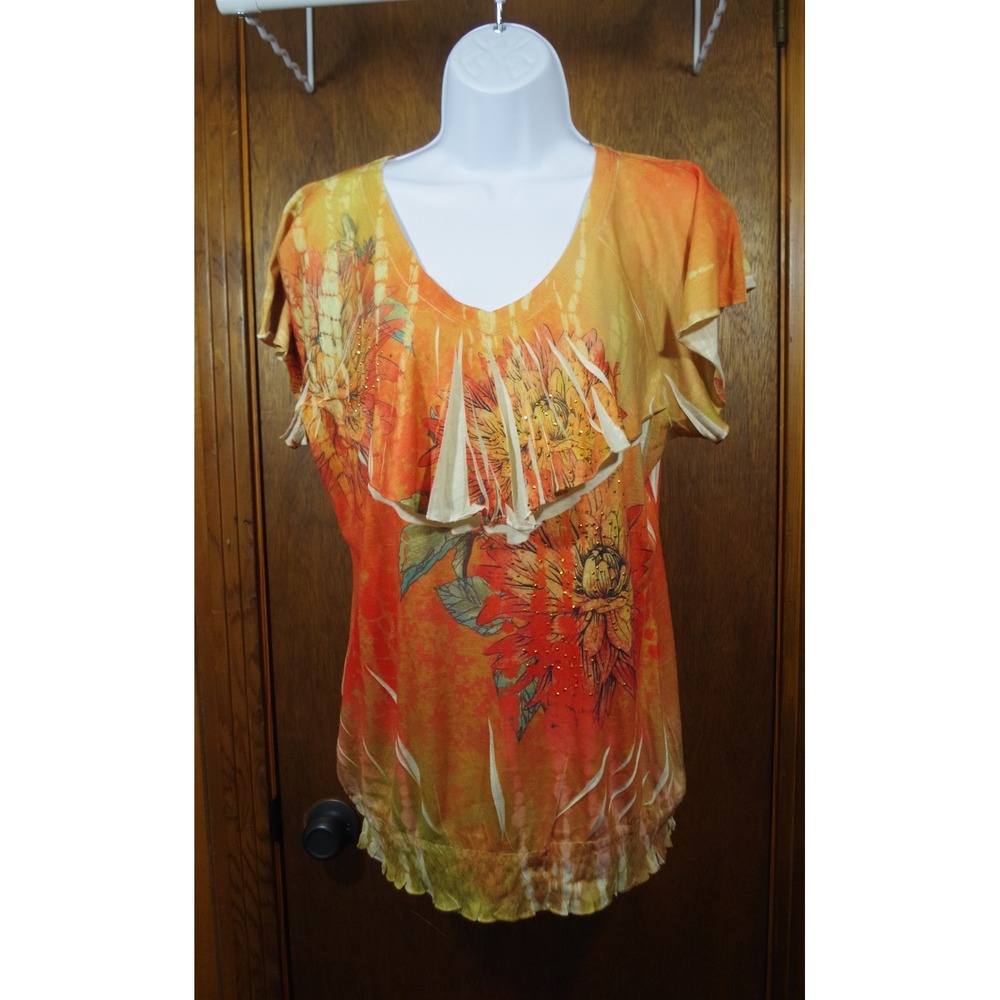 Cato Womens Orange Yellow Tie Dye Floral Ruffle V-Neck Blouse Top Size Large